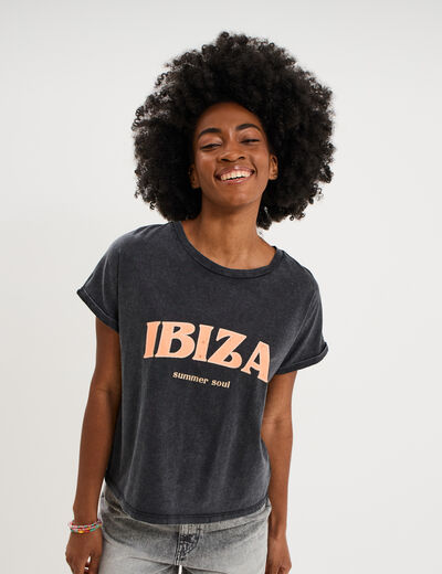 T-shirt col rond manches courtes coton gris anthracite femme
