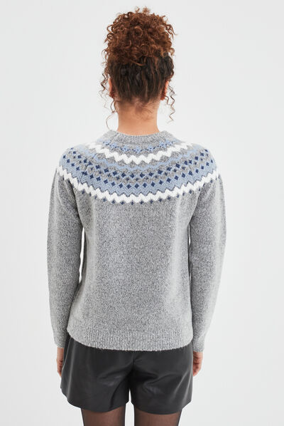 Pull jacquard col rond Creeks gris clair femme