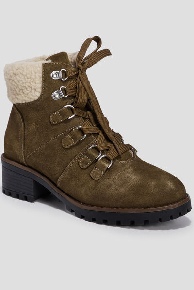 Bottines à talons empiècement molletonné vert kaki femme