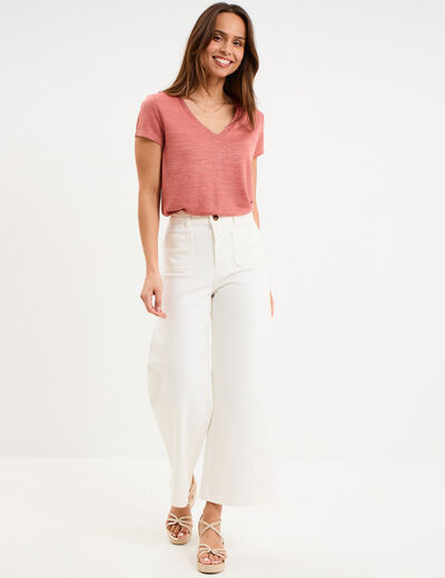 T-shirt col en V manches courtes terracotta femme