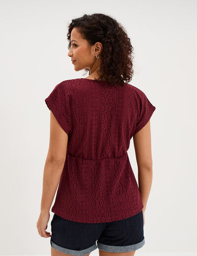 T-shirt dentelle col en V noeud bordeaux femme
