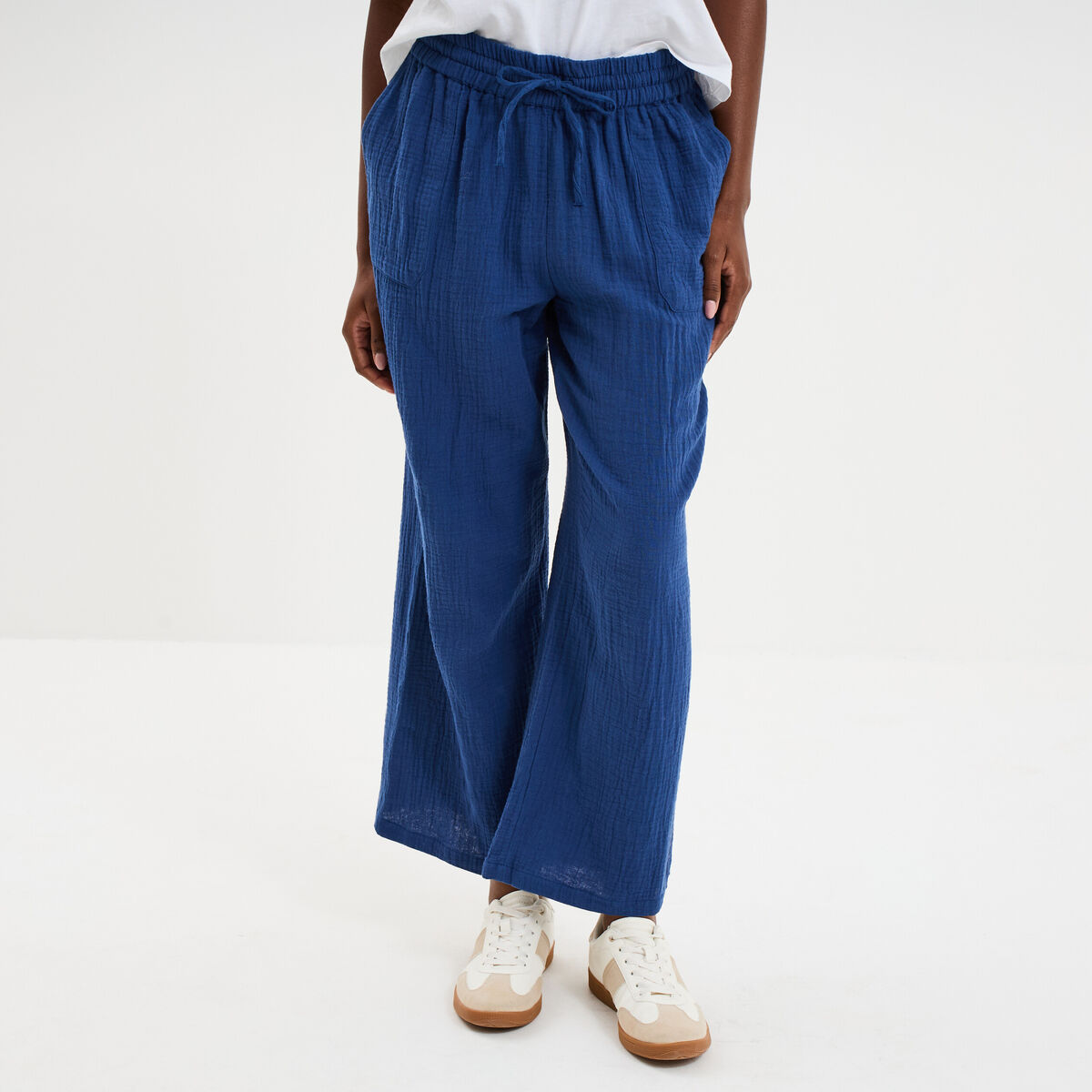 Pantalon fluide &eacute;lastiqu&eacute; gaze de coton bleu marine femme