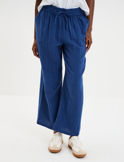 Pantalon fluide &eacute;lastiqu&eacute; gaze de coton bleu marine femme