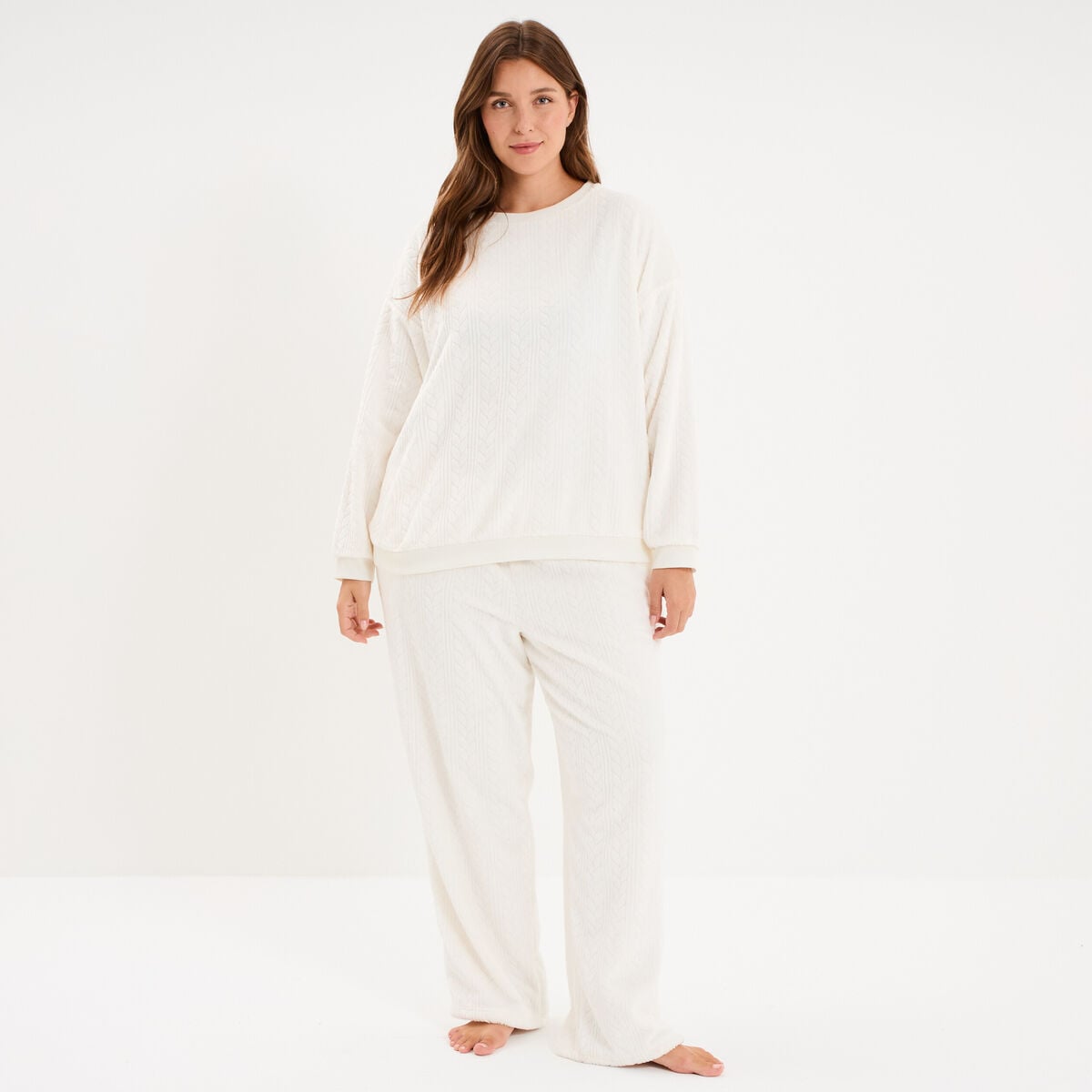 Sweat d&eacute;tails torsades manches longues blanc femme grande taille