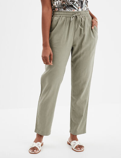 Pantalon droit 7/8&egrave;me lin m&eacute;lang&eacute; vert kaki femme