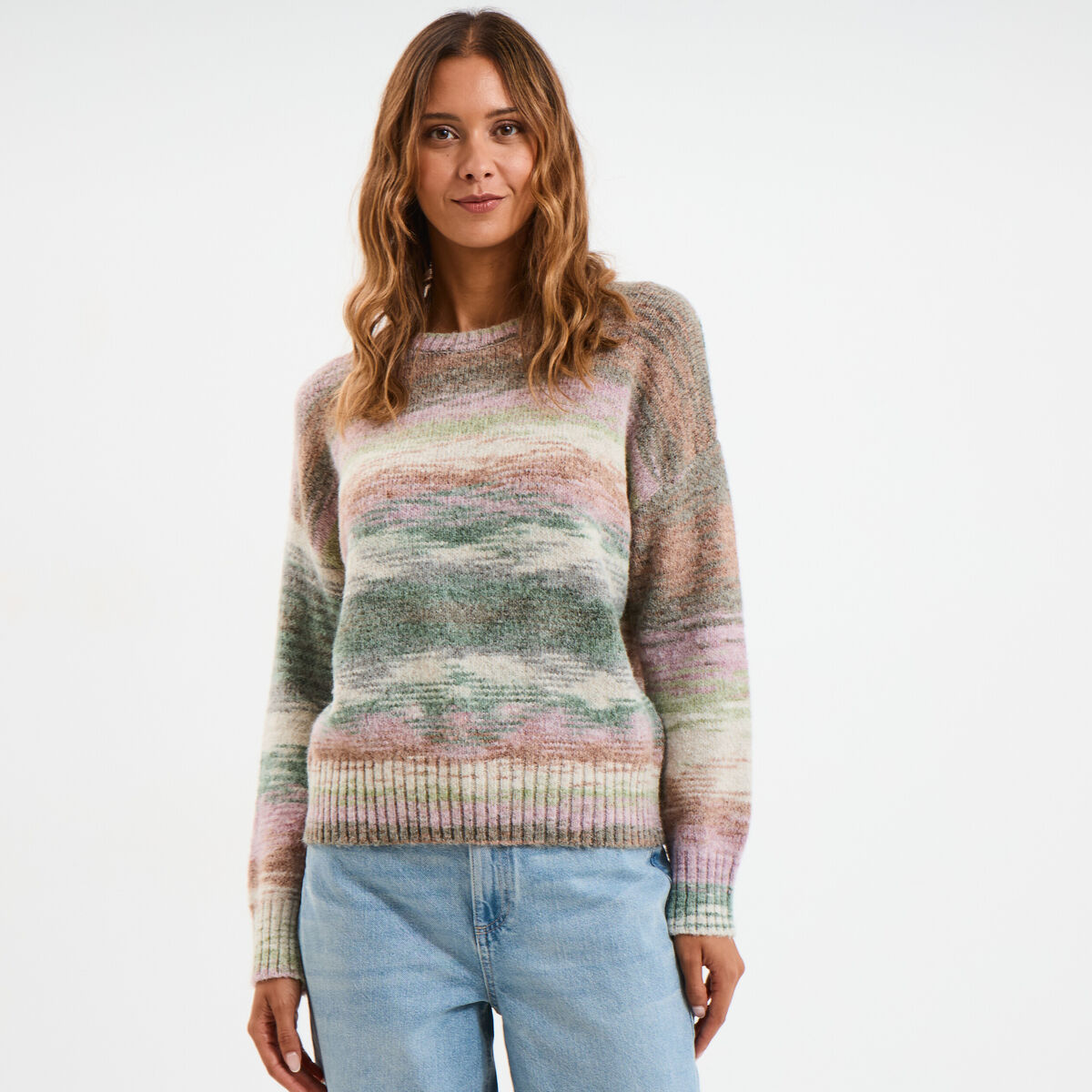 Pull col rond manches longues multicolore femme
