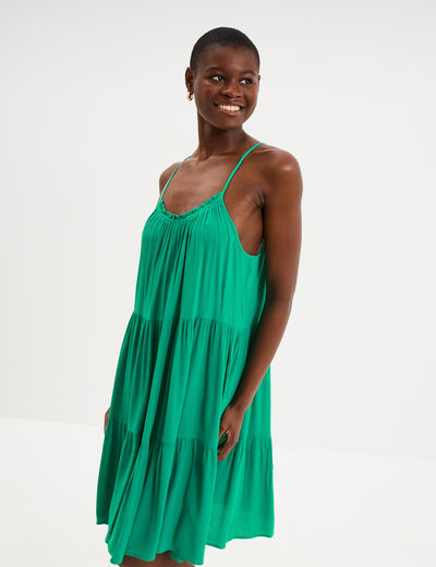 Robe fluide &agrave; volants fines bretelles vert canard femme