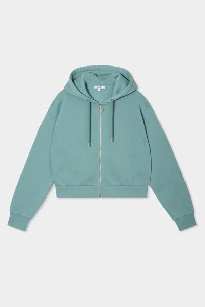 Sweat zipp&eacute; &agrave; capuche court bleu gris femme