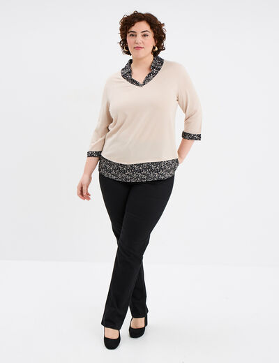 Pull 2-en-1 col chemise manches 3/4 noir femme grande taille