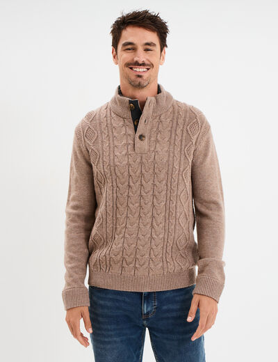 Pull col montant boutonn&eacute; et torsades taupe homme