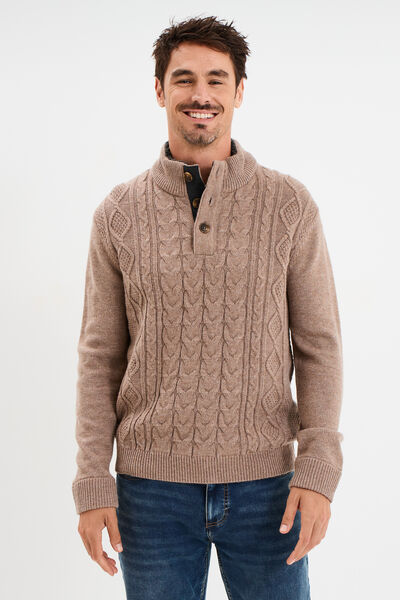 Pull col montant boutonn&eacute; et torsades taupe homme