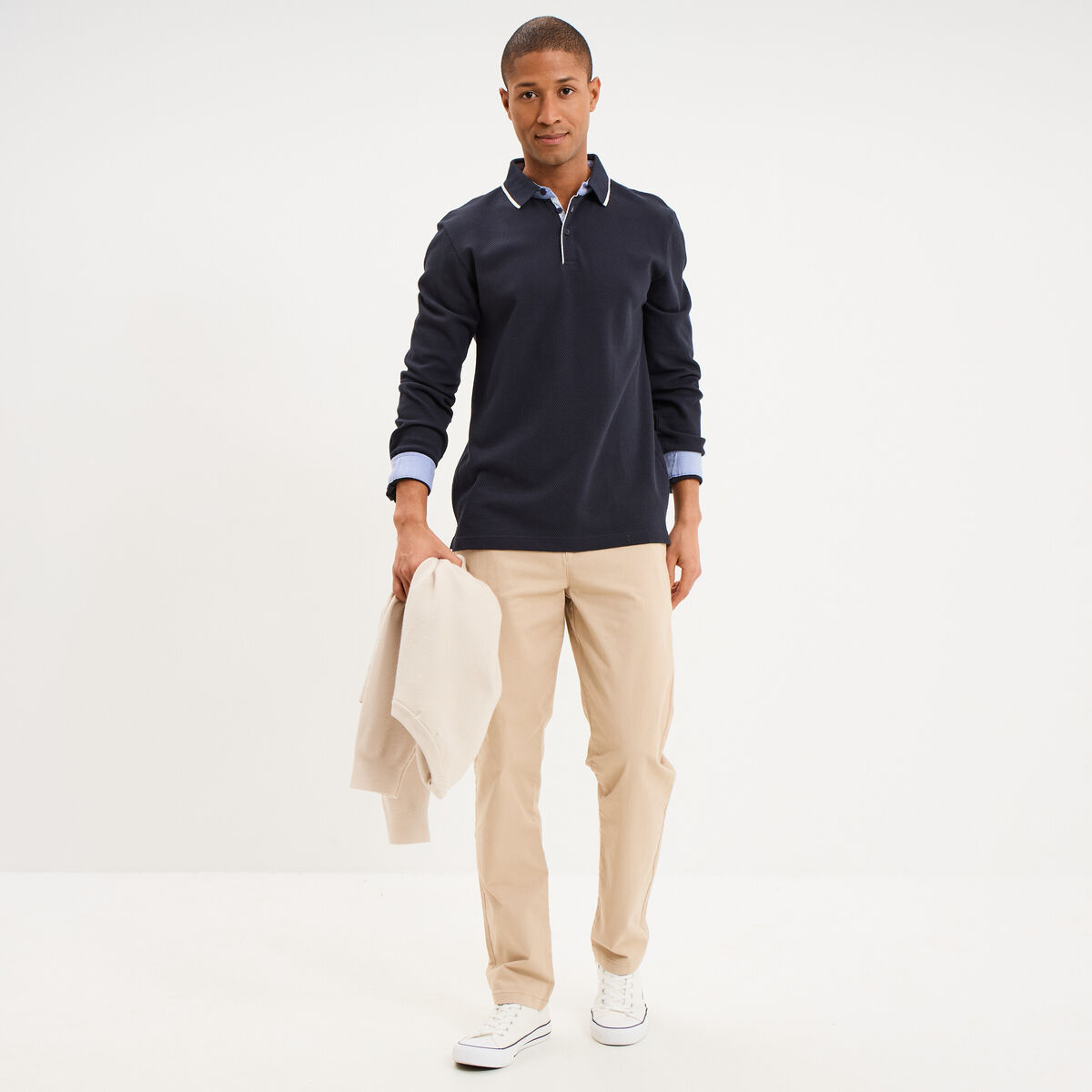 Polo piqu&eacute; droit manches longues coton bleu fonc&eacute; homme