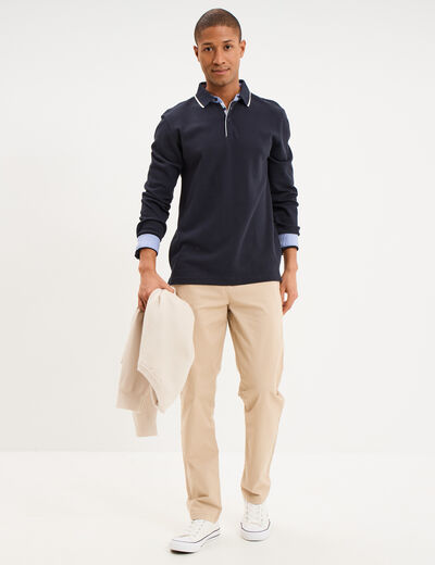 Polo piqu&eacute; droit manches longues coton bleu fonc&eacute; homme