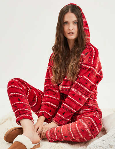 Combinaison pyjama pilou à capuche rouge femme