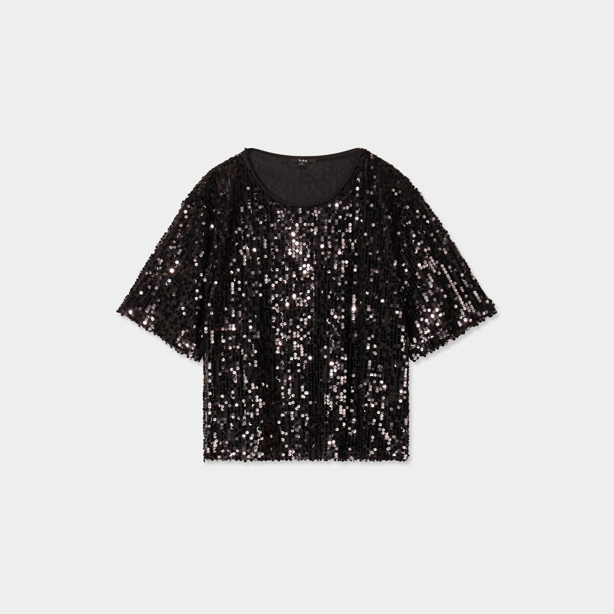 T-shirt &agrave; sequins manches courtes droit noir femme