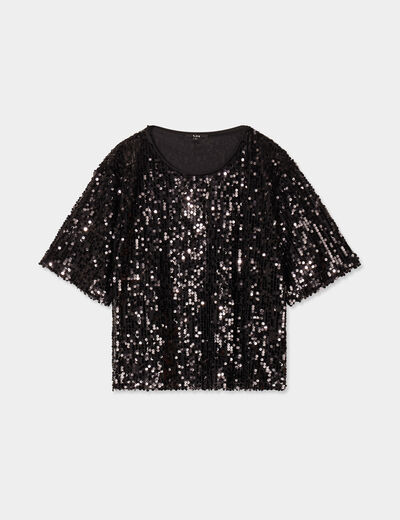 T-shirt à sequins manches courtes droit noir femme