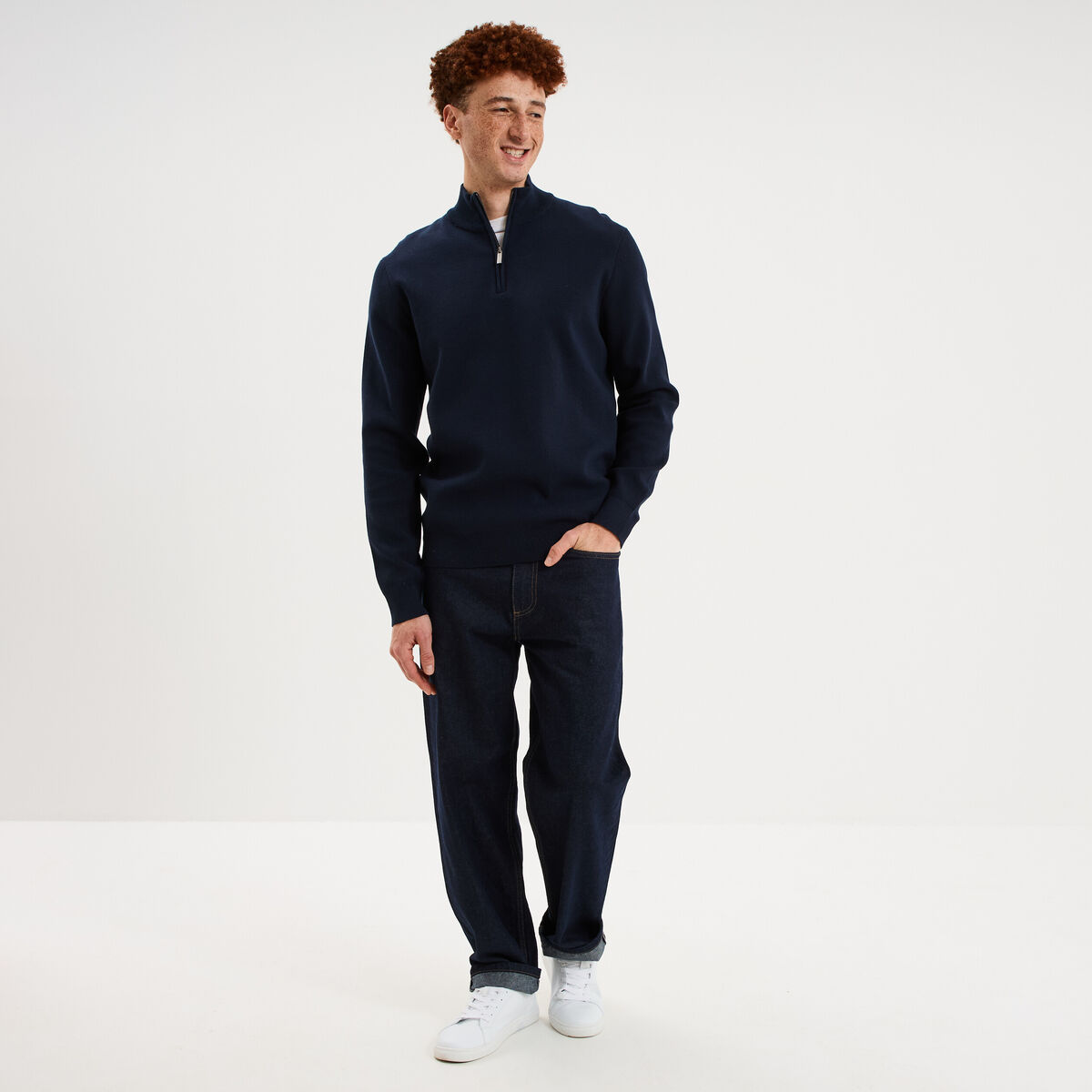 Pull camionneur manches longues bleu marine homme