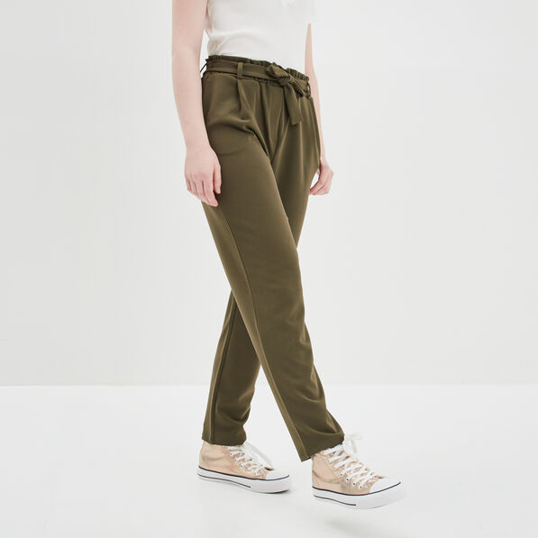 Pantalon city paperbag ceinturé 7/8ème vert kaki femme