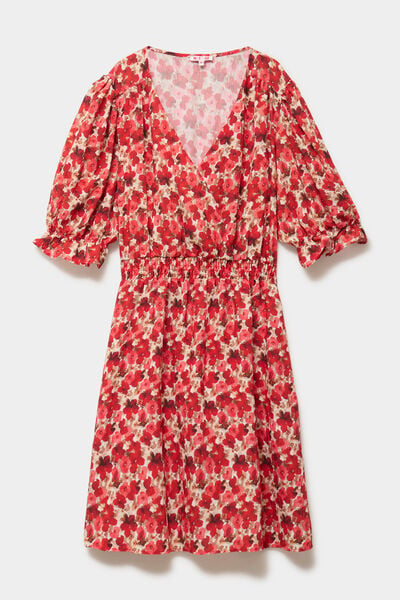 Robe longueur genou smock&eacute;e col V rouge coquelicot femme grande taille