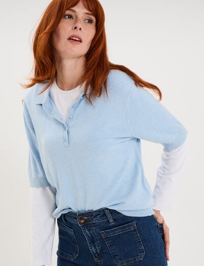 Pull col polo manches courtes bleu femme