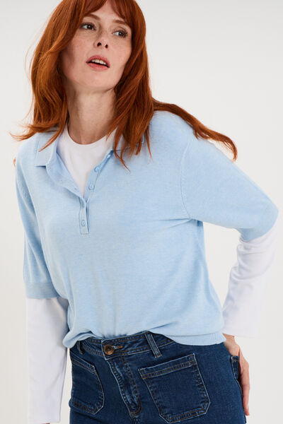 Pull col polo manches courtes bleu femme
