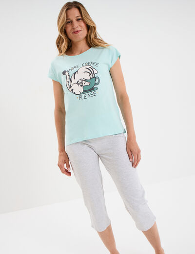 Ensemble pyjama corsaire t-shirt coton bleu turquoise femme