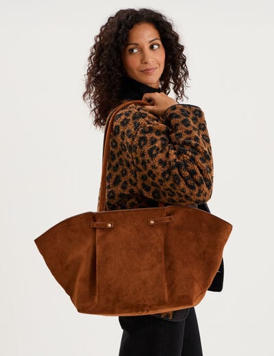 Sac cabas trap&egrave;ze effet su&eacute;dine camel femme