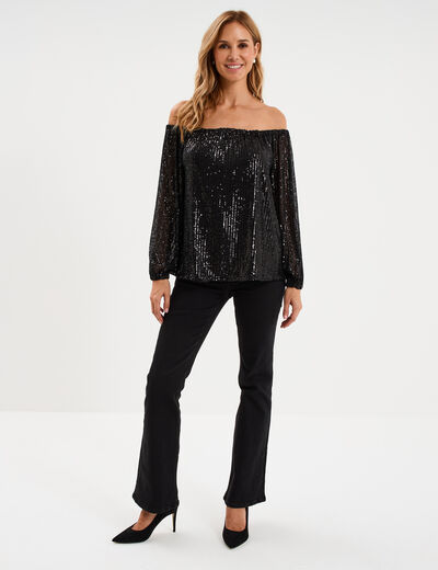 T-shirt sequins et col bardot noir femme