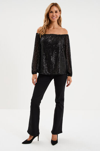 T-shirt sequins et col bardot noir femme