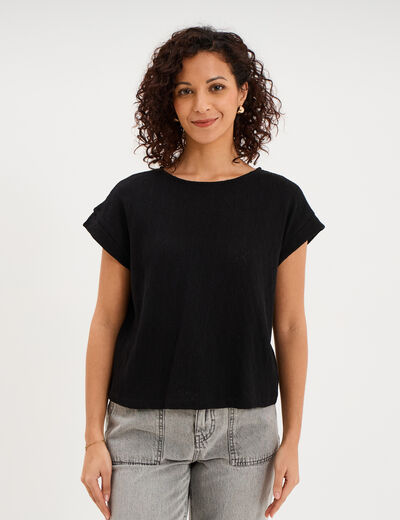T-shirt ajour&eacute; manches courtes noir femme