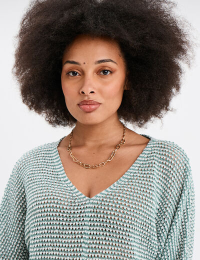 Pull ajouré effet crochet manches 3/4 bleu gris femme