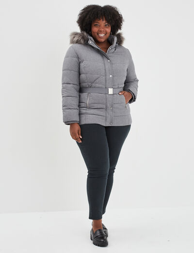 Doudoune capuche fausse fourrure gris clair femme grande taille