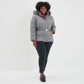 doudoune capuche fausse fourrure gris clair femmegt Doudoune capuche fausse fourrure gris clair femme grande taille