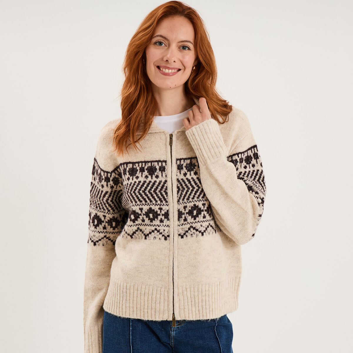 Gilet droit col &agrave; revers zipp&eacute; beige femme