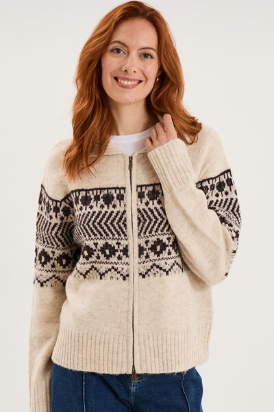 Gilet droit col &agrave; revers zipp&eacute; beige femme