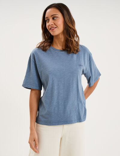 T-shirt col rond manches courtes coton bleu fonc&eacute; femme