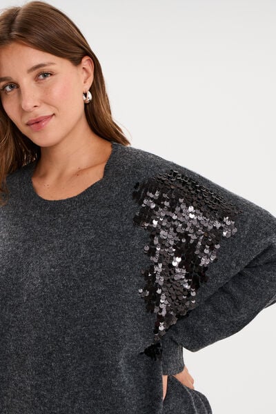 Pull &agrave; paillettes col rond gris fonc&eacute; femme grande taille