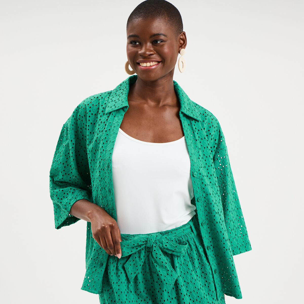 Chemise broderie anglaise coton vert canard femme