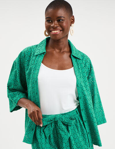 Chemise broderie anglaise coton vert canard femme