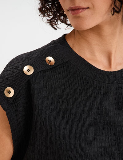T-shirt gaufr&eacute; col rond avec boutons noir femme