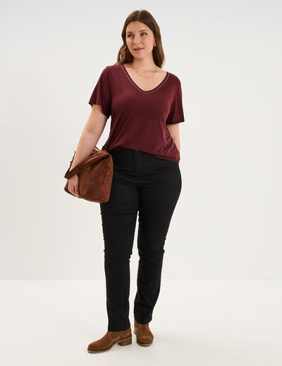 T-shirt manches courtes col V violet fonc&eacute; femme grande taille
