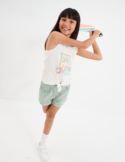 Short brodé taille élastiquée coton vert kaki fille