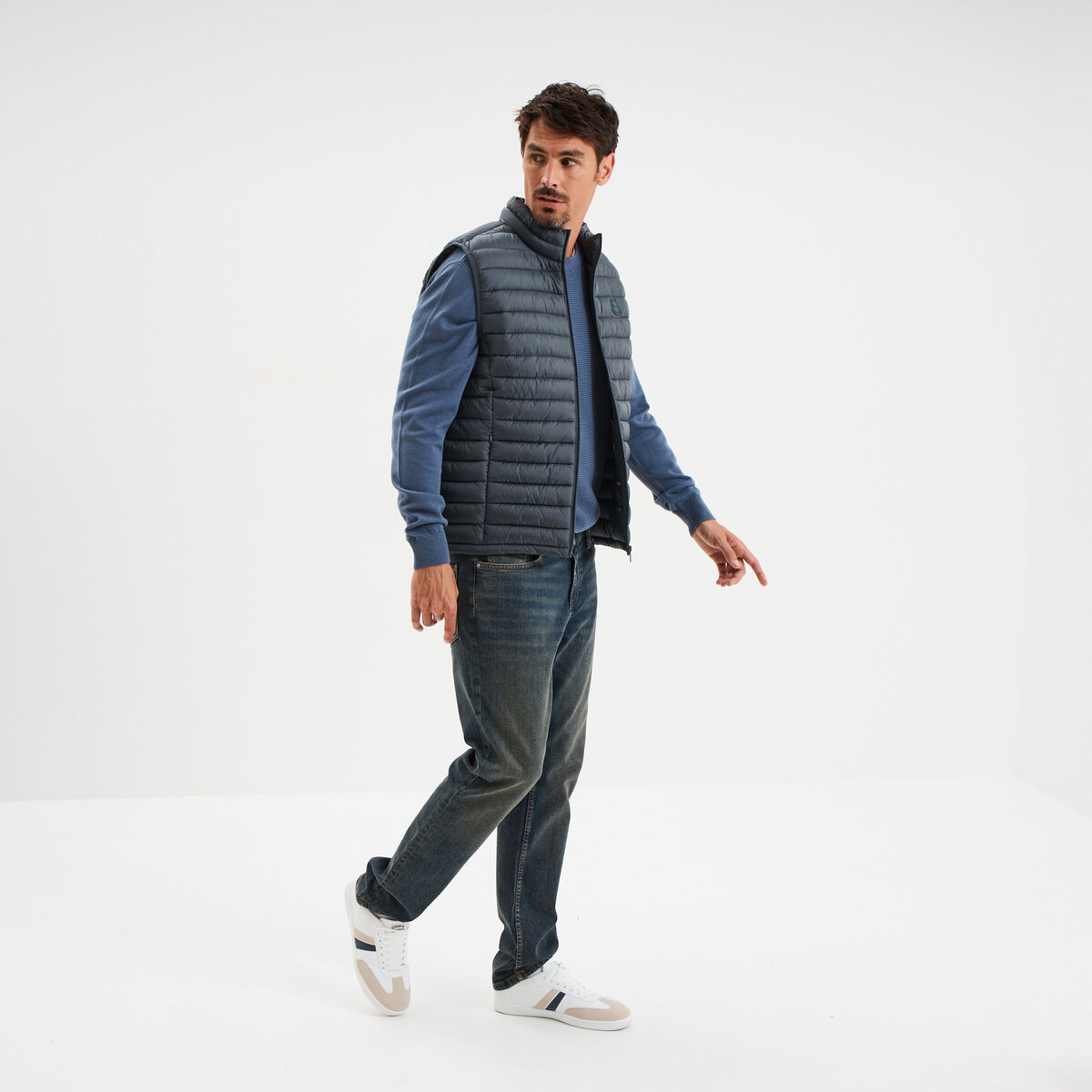 Pull col rond coton manches longues bleu foncé homme