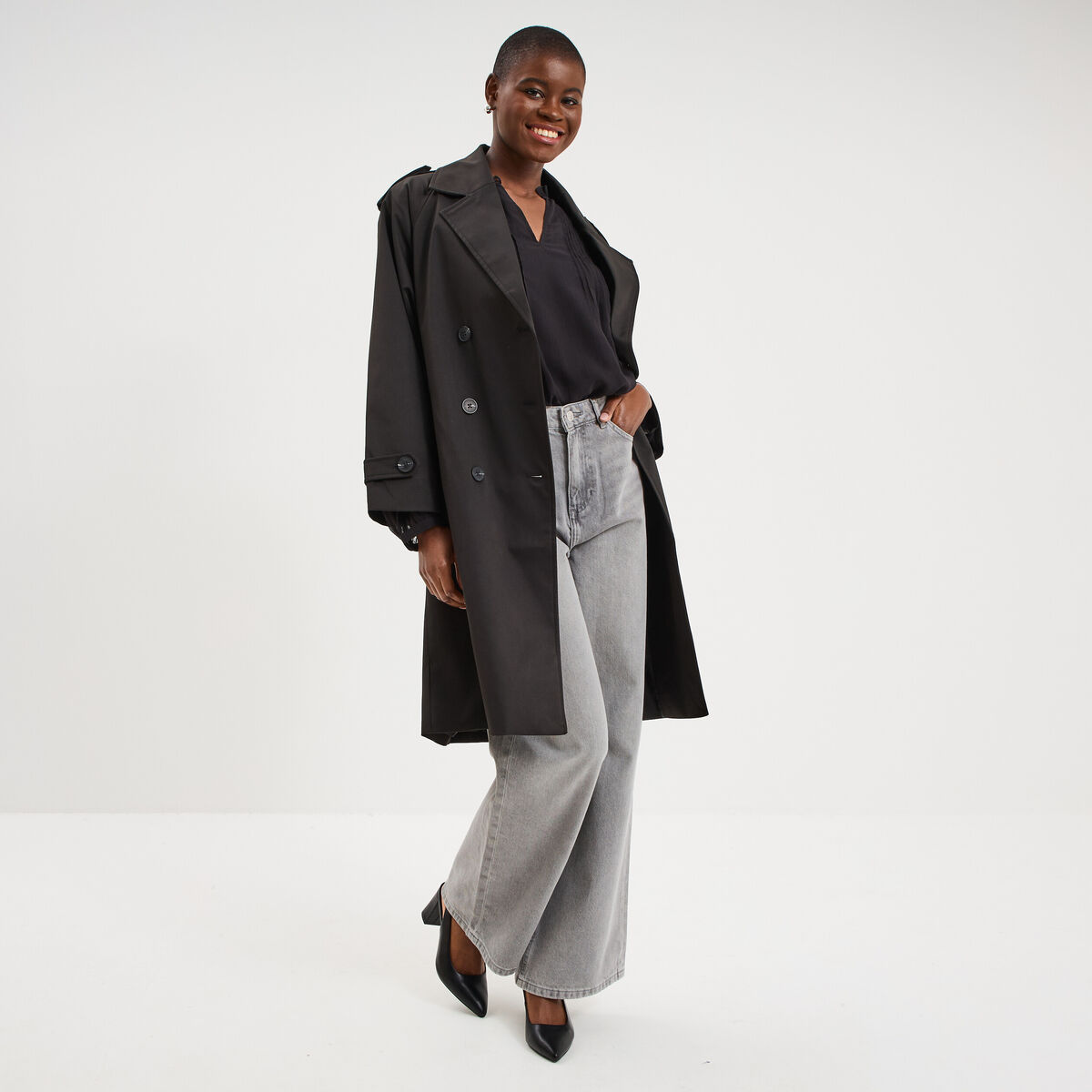 Trench long ceintur&eacute; noir femme