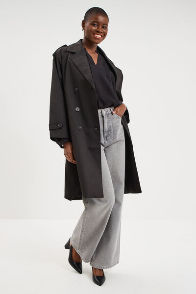 Trench long ceintur&eacute; noir femme