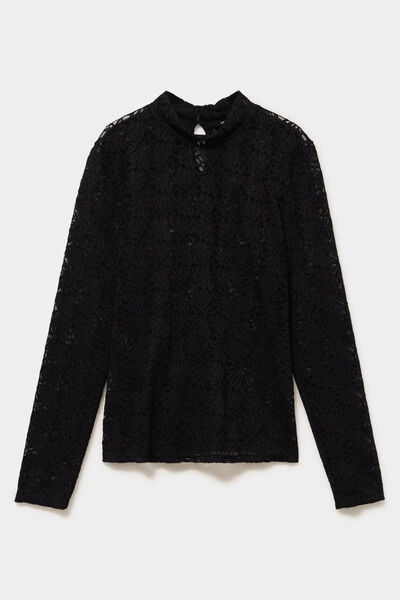 Blouse dentelle col montant noir femme