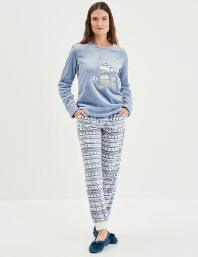Ensemble pyjama pantalon effet velours bleu clair femme