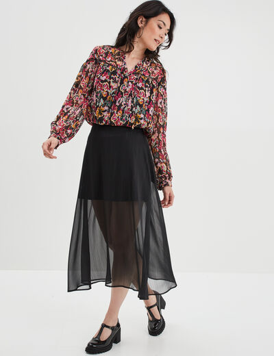 Blouse crêpe col cordons à nouer noir femme