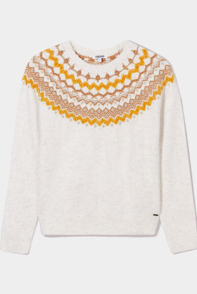 Pull jacquard col rond Creeks blanc femme