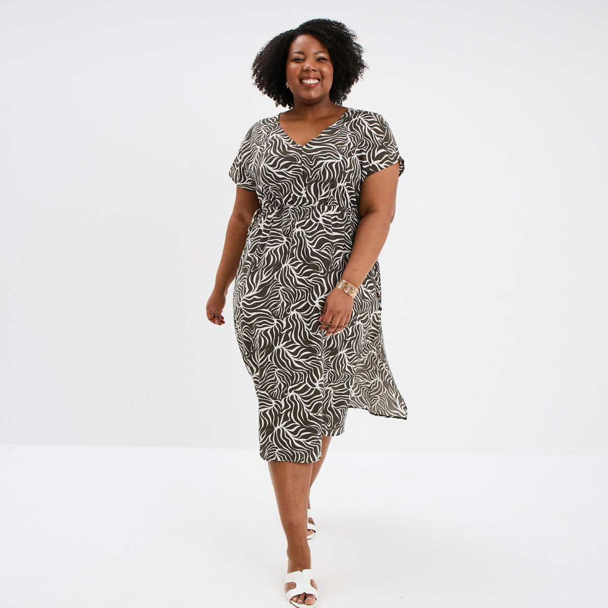Robe longue taille &agrave; coulisse fluide vert kaki femme grande taille